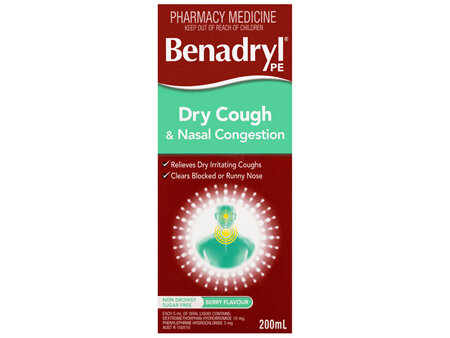Benadryl PE Dry Cough & Nasal Congestion Liquid Berry Flavour 200mL