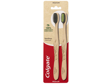 Colgate Bamboo Charcoal Manual Toothbrush, Value 2 Pack, Medium Bristles, 100% Biodegradable Bamboo