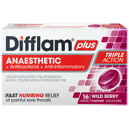 Difflam Plus Anaesthetic Sore Throat Lozenges Berry Flavour 16 Pack