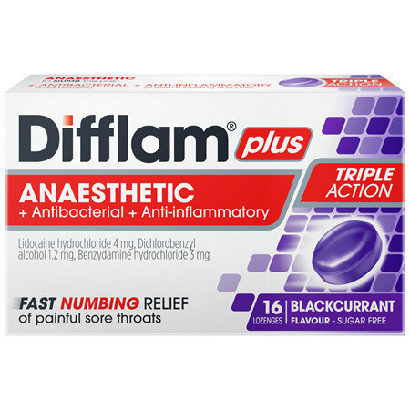 Difflam Plus Anaesthetic Sore Throat Lozenges Blackcurrant Flavour 16 Pack