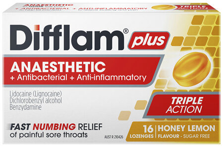 Difflam Plus Anaesthetic Sore Throat Lozenges Honey & Lemon Flavour 16s
