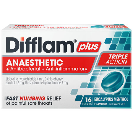 Difflam Plus Anaesthetic Sore Throat Lozenges Menthol & Eucalyptus Flavour 16 Pack
