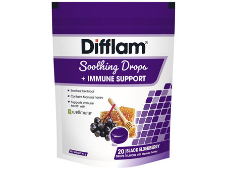 Difflam Soothing Throat Drops + Immune Support Black Elderberry flavour 20 Drops