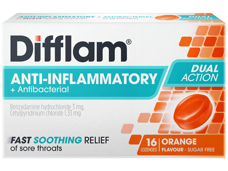 Difflam Sore Throat Lozenges Sugar Free Orange Flavour 16 Pack
