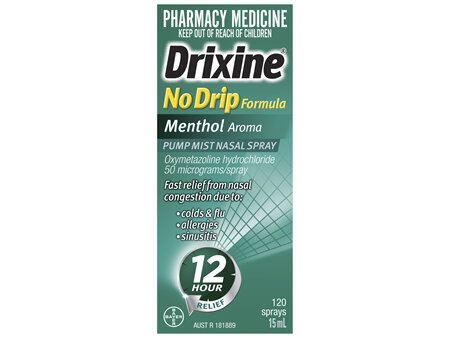 Drixine 12 Hour Relief No Drip Formula Menthol Aroma Pump Mist Nasal Spray 15ml