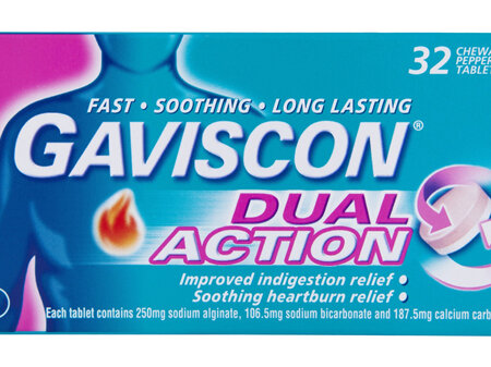 Gaviscon Dual Action Chewable Tablets Peppermint Heartburn & Indigestion Relief 32 Pack