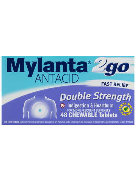 Mylanta 2Go Antacid Double Strength Chewable Tablets Lemon Mint 48 Pack