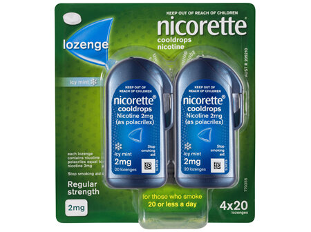 Nicorette Quit Smoking Regular Strength Cooldrops Nicotine Lozenge Icy Mint 4 x 20 Pack