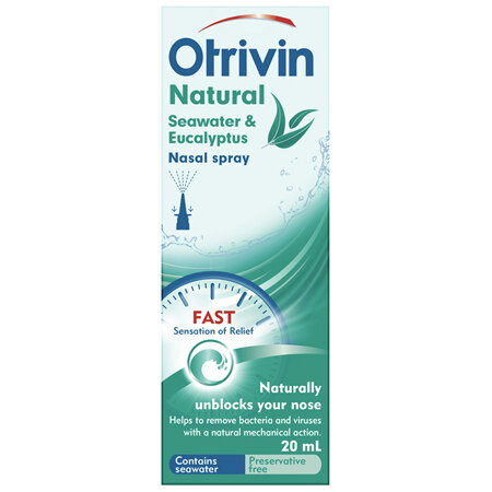 Otrivin Natural Nasal Spray with Seawater and Eucalyptus, for Blocked Nose, 20mL
