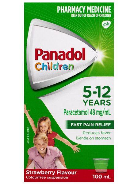 Panadol Children 5-12 Years Suspension, Fever & Pain Relief, Strawberry Flavour, 100 mL