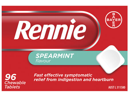 Rennie Indigestion and Heartburn Relief Spearmint 96 Chewable Tablets
