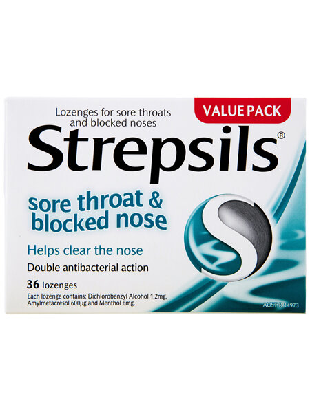 Strepsils Sore Throat Blocked Nose Lozenges Antibacterial Menthol 36pk