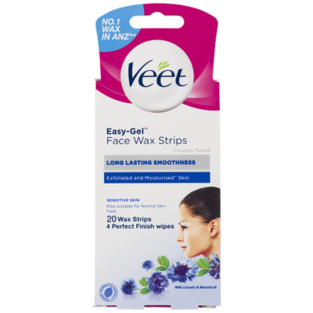 Veet Easy-Gel Face Wax Strips For Sensitive Skin Almond Oil 20 Wax Strips 4 Perfect Finish Wipes